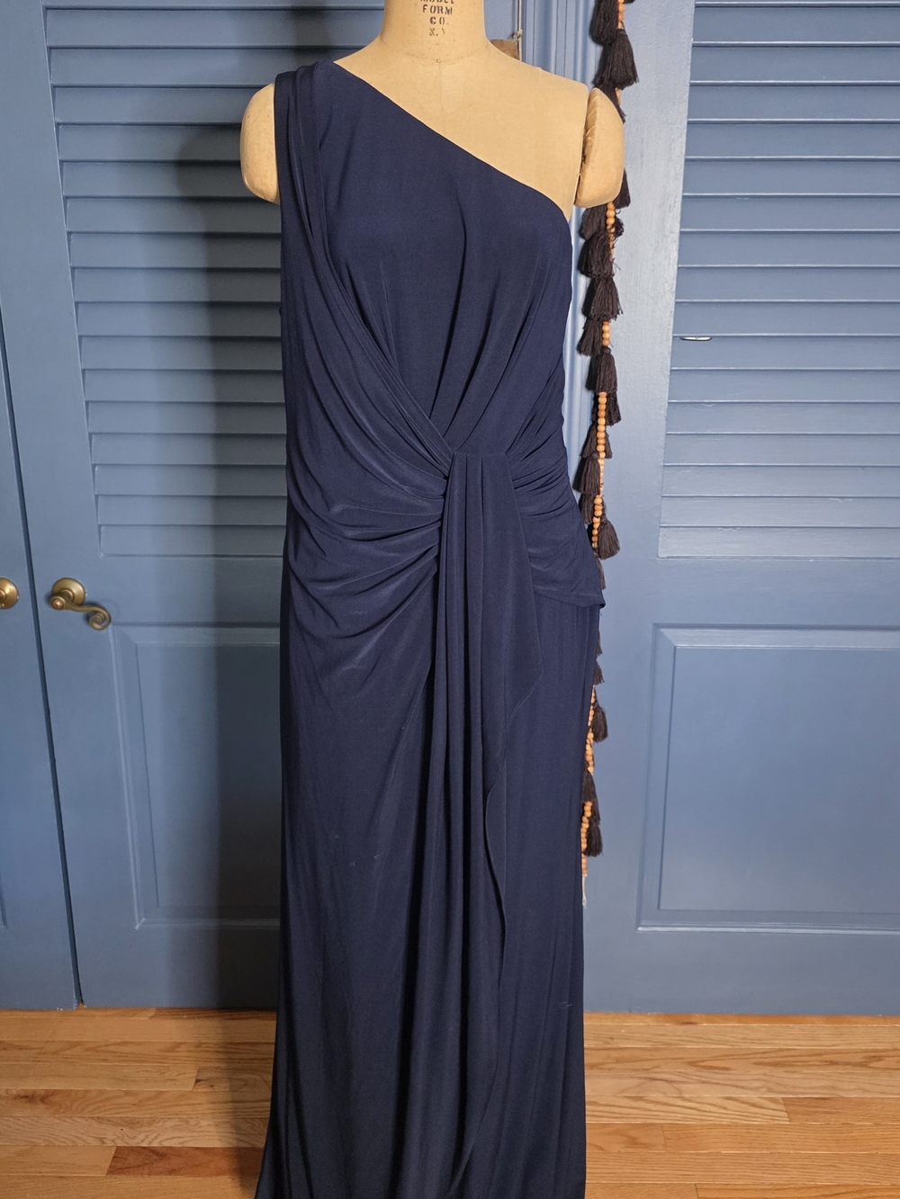 Adrianna Papell One-Shoulder Navy Draped Evening Gown